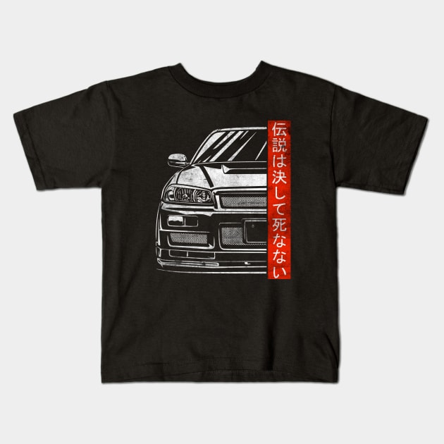 R34 GTR Skyline JDM Legends Never Die Tuning Car Kids T-Shirt by Automotive Apparel & Accessoires